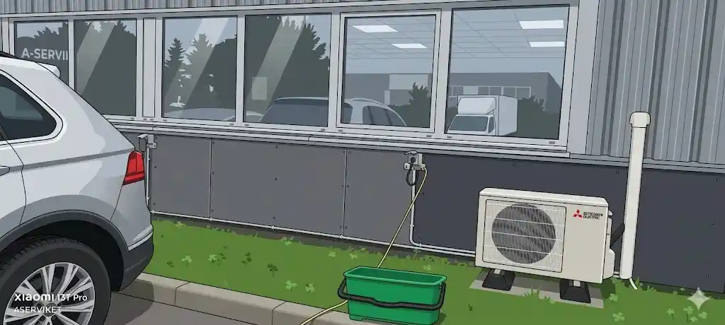 Illustration d'un salon lumineux de style scandinave avec un grand canapé d'angle gris, un fauteuil jaune et une grande baie vitrée offrant une vue dégagée sur un jardin arboré avec piscine