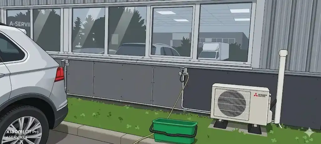 Illustration d'un salon lumineux de style scandinave avec un grand canapé d'angle gris, un fauteuil jaune et une grande baie vitrée offrant une vue dégagée sur un jardin arboré avec piscine