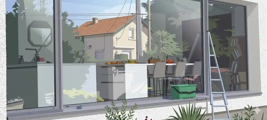 Double illustration montrant à gauche un homme s'essuyant le front sous un soleil de plomb devant une vitre pleine de traces de produit, et à droite un seau de nettoyage vert posé sur un trottoir