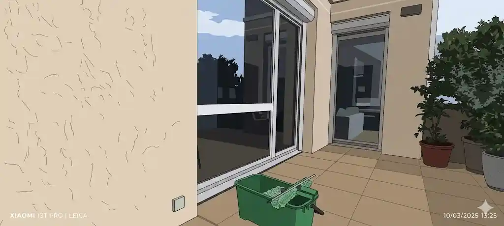 Double photo publicitaire montrant un laveur de vitres nettoyant une baie coulissante de l'intérieur et un autre intervenant sur une toiture vitrée à l'extérieur