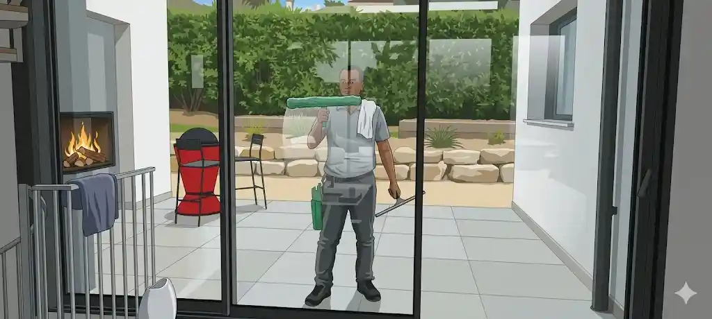 Illustration en gros plan d'un laveur de vitres de dos appliquant du produit avec un mouilleur vert sur une grande baie coulissante