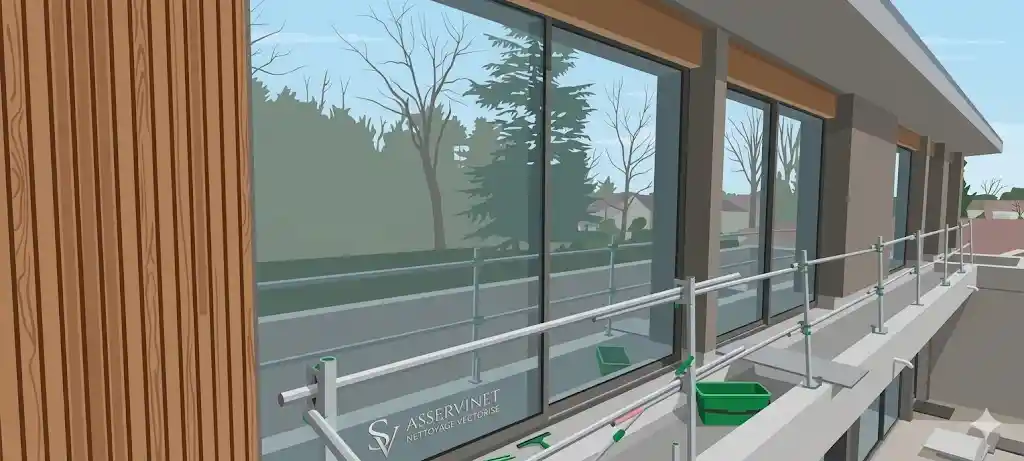 Montage montrant à gauche un laveur de vitres nettoyant une grande baie coulissante d'une villa avec vue sur Lyon, et à droite un technicien sécurisé nettoyant la toiture en verre d'une grande verrière moderne