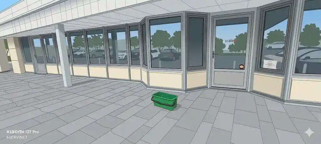 Illustration de la façade vitrée d'un long bâtiment commercial moderne de plain-pied. Un seau de nettoyage professionnel vert est posé au centre sur le trottoir en dalles grises devant les vitres propres