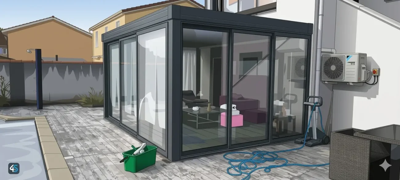 Image actuelle : Nettoyage de véranda professionnel à Lyon : entretien des vitres, de la toiture vitrée et des châssis par un laveur qualifié.
