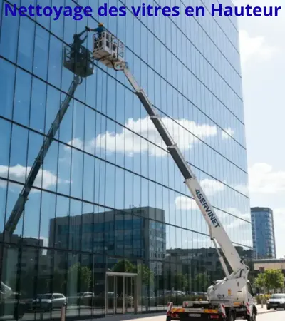 Nettoyage professionnel de vitres en hauteur avec nacelle, équipe spécialisée assurant sécurité et efficacité.