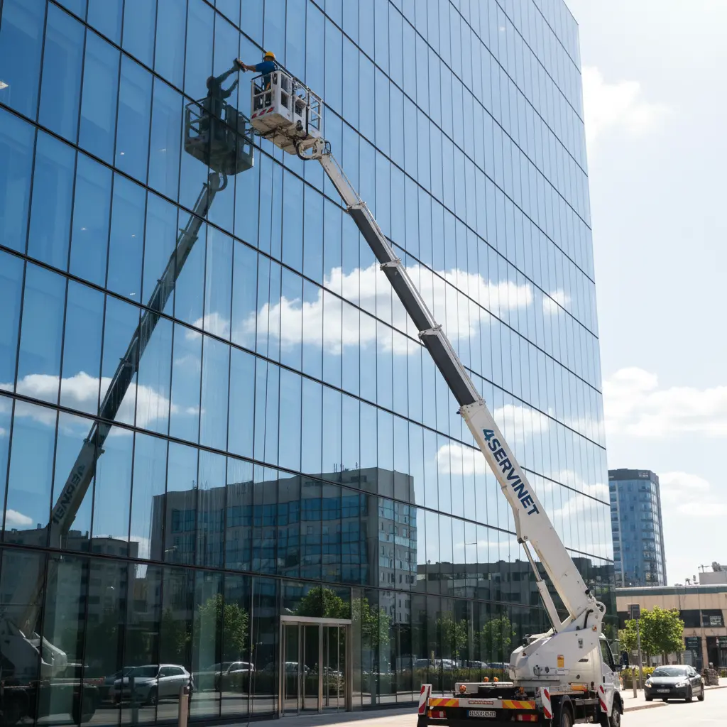 Équipe de professionnels en nettoyage de vitres en hauteur à Lyon, utilisant des équipements spécialisés pour un résultat impeccable.