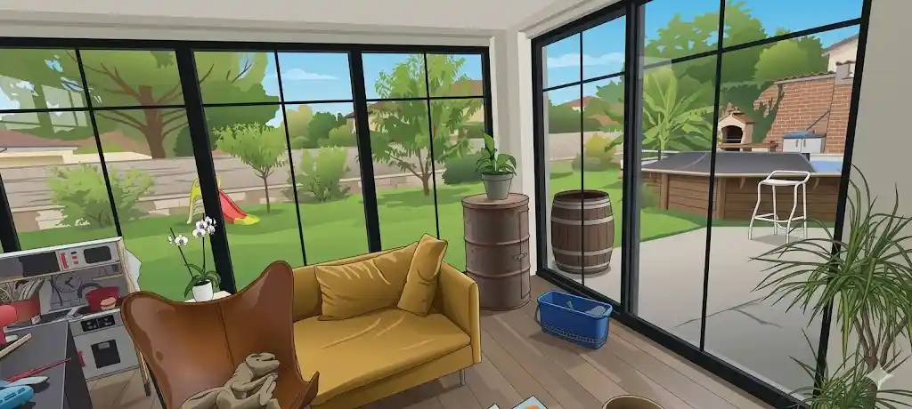 Illustration de l'intérieur d'une véranda lumineuse avec un canapé jaune, un fauteuil marron et un espace de jeu pour enfants. De grandes baies vitrées avec traverses noires offrent une vue dégagée sur un jardin arboré avec piscine
