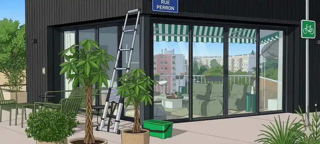 Illustration d'une terrasse de bâtiment moderne avec une grande baie vitrée coulissante reflétant des immeubles urbains. Une échelle télescopique en aluminium et un seau de nettoyage vert sont posés au sol à côté de plantes en pot