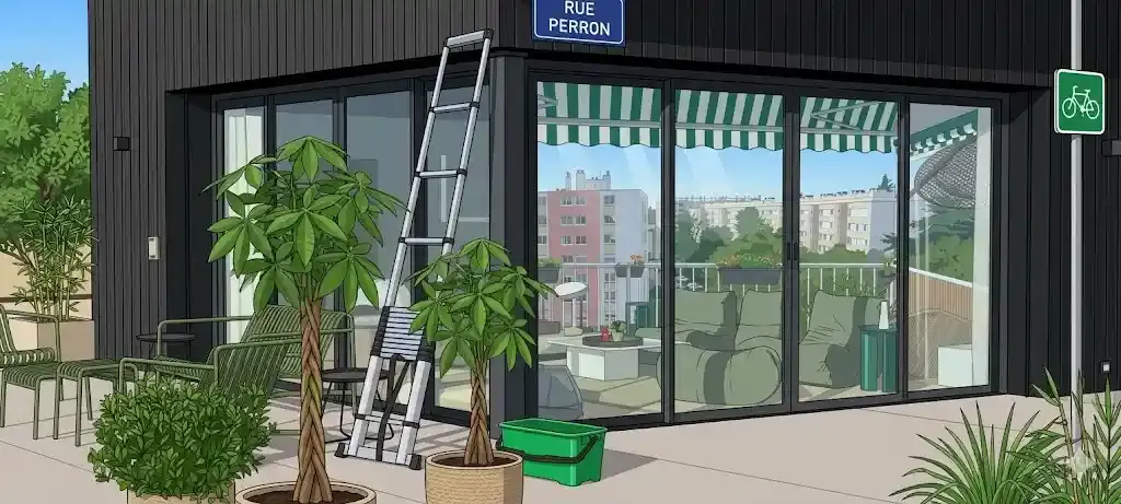 Illustration d'une terrasse de bâtiment moderne avec une grande baie vitrée coulissante reflétant des immeubles urbains. Une échelle télescopique en aluminium et un seau de nettoyage vert sont posés au sol à côté de plantes en pot