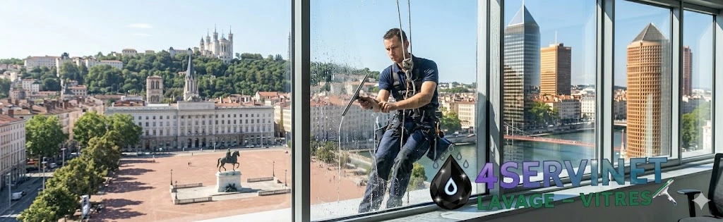 Laveur de vitres professionnel en intervention à Lyon, nettoyage de baies vitrées et vitrines de magasins dans le Rhône et les environs.