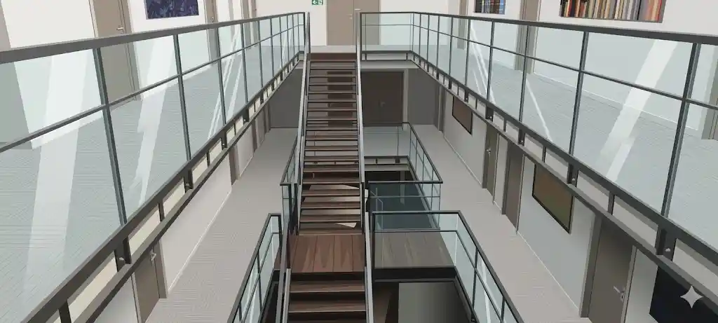 Illustration en perspective de l'intérieur d'un bâtiment moderne sur plusieurs étages avec des coursives dotées de garde-corps en verre transparent. Un escalier central en bois et métal relie les niveaux sous un puits de lumière