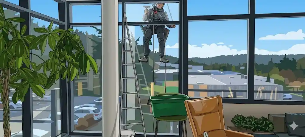 Illustration d'un laveur de vitres professionnel travaillant en hauteur avec un équipement de cordiste. Suspendu par des cordes de sécurité à l'extérieur d'un grand bâtiment vitré, il nettoie une vitre avec une raclette. À l'intérieur, une échelle et un seau de nettoyage sont visibles près d'un salon moderne