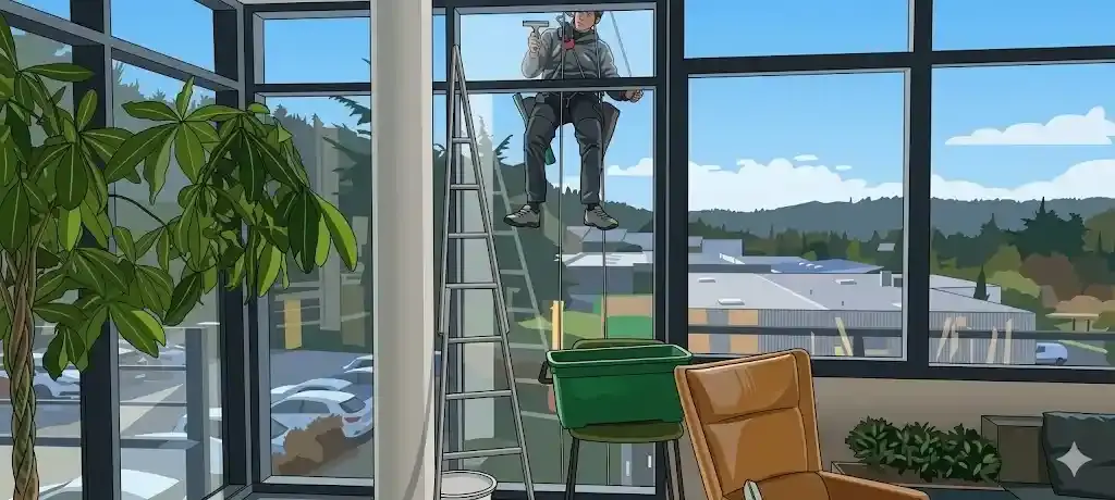 Illustration d'un laveur de vitres professionnel travaillant en hauteur avec un équipement de cordiste. Suspendu par des cordes de sécurité à l'extérieur d'un grand bâtiment vitré, il nettoie une vitre avec une raclette. À l'intérieur, une échelle et un seau de nettoyage sont visibles près d'un salon moderne
