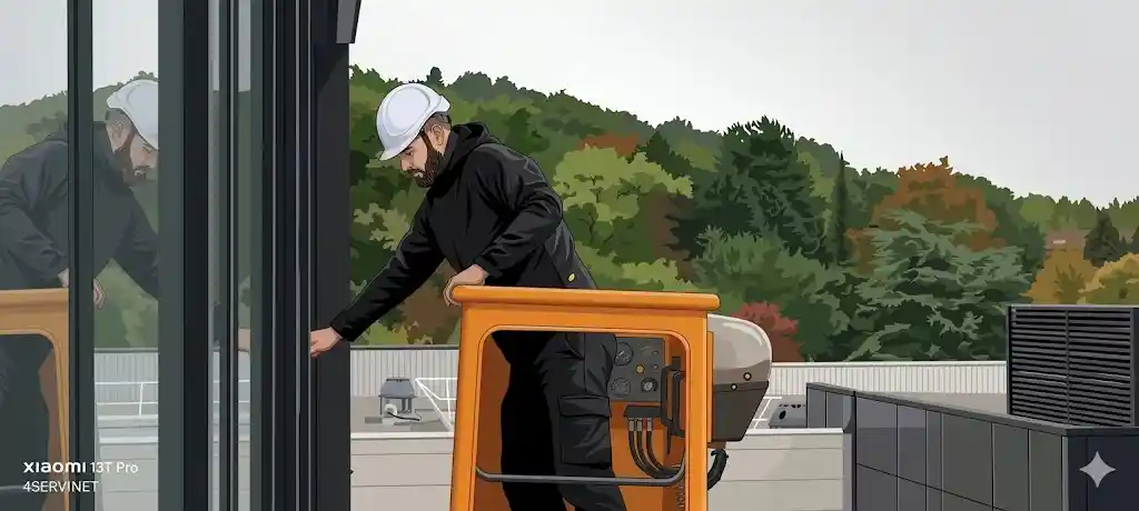 Illustration d'un laveur de vitres professionnel équipé d'un casque de protection blanc, travaillant depuis une nacelle élévatrice orange. Il intervient sur la façade vitrée d'un bâtiment moderne avec une forêt en arrière-plan