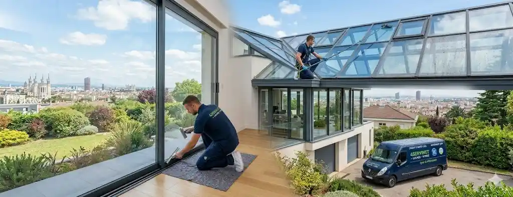Laveurs de vitres professionnels de l'entreprise 4SERVINET en plein nettoyage d'une grande baie vitrée et d'une verrière de toit sur une maison moderne avec vue panoramique sur Lyon. Camionnette de l'entreprise garée en bas