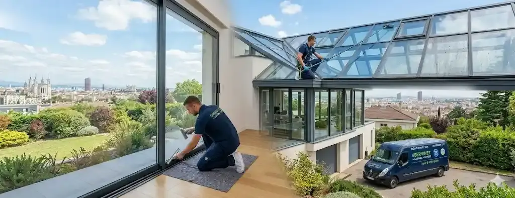 Laveurs de vitres professionnels de l'entreprise 4SERVINET en plein nettoyage d'une grande baie vitrée et d'une verrière de toit sur une maison moderne avec vue panoramique sur Lyon. Camionnette de l'entreprise garée en bas