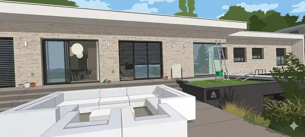 Illustration d'une villa contemporaine en pierre avec de grandes baies vitrées coulissantes, des volets roulants et une terrasse. Une échelle et un seau de nettoyage sont installés sur un toit-terrasse végétalisé, symbolisant l'intervention de 4SERVINET