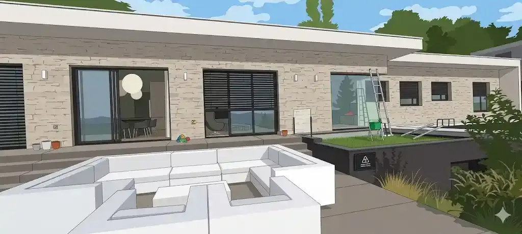 Illustration d'une villa contemporaine en pierre avec de grandes baies vitrées coulissantes, des volets roulants et une terrasse. Une échelle et un seau de nettoyage sont installés sur un toit-terrasse végétalisé, symbolisant l'intervention de 4SERVINET