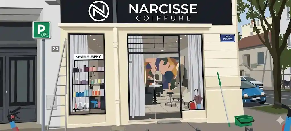 Illustration de la façade claire d'un salon de coiffure nommé Narcisse Coiffure au numéro 33 de la Rue Perron. Une échelle en aluminium est posée à gauche, et une perche de nettoyage ainsi qu'un seau vert sont installés sur le trottoir de droite